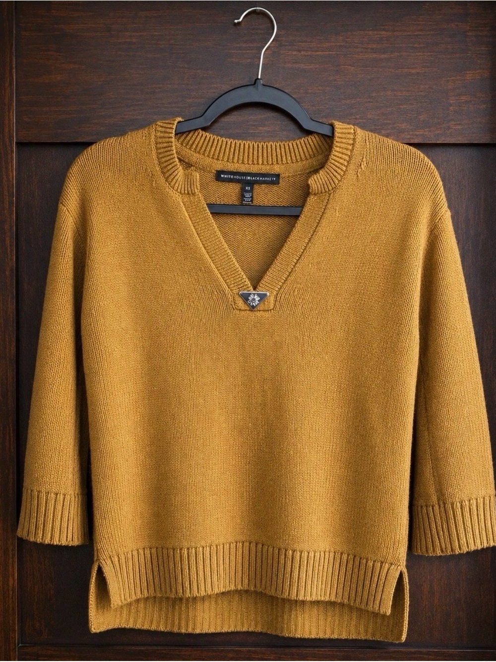White House Black Market Mustard Knit V-Neck Sweater
